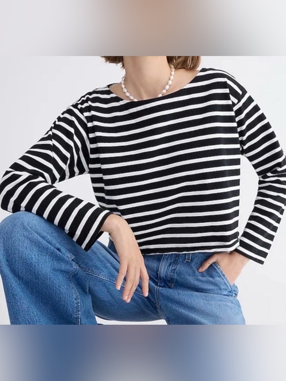 J.Crew Black White Stripe Cropped Long Sleeve Top Size M